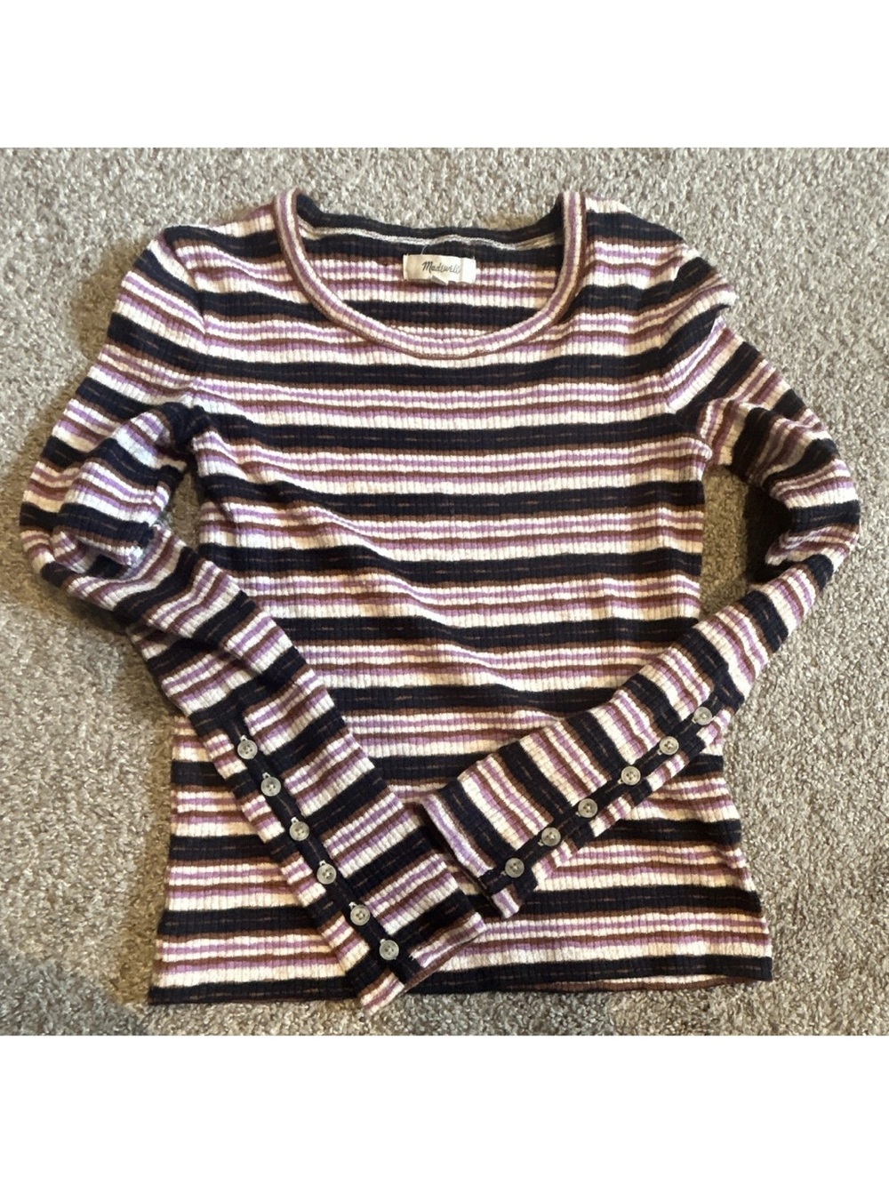 Madewell Striped Ribbed Long-Sleeve Top in Purple, Black & Cream